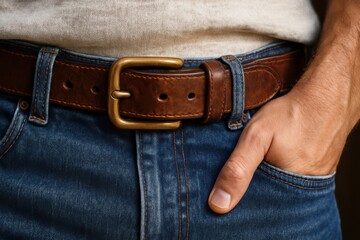 Close up of a man wearing a brown leather belt and blue jeans with his hand in his pocket