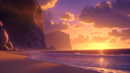 Dramatic sunset over a secluded beach, with towering cliffs and gentle waves.  Golden light bathes the landscape, casting a warm glow. Lush vegetation clings to the rocky cliffs