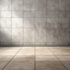 Empty room with light gray tiled walls and beige tiled floor. Sunlight casts shadows on the walls