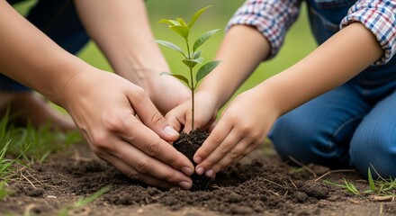 The hopeful hands of a parent and child planting a small tree seedling together.