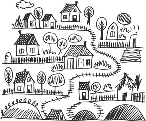 Hand Drawn Village Landscape Illustration