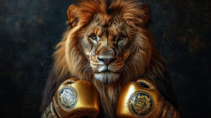 Fototapeta premium Majestic lion, powerful gaze, golden boxing gloves