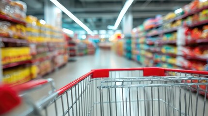A view of a shopping cart in a supermarket aisle with shelves of groceries in the background blurred out