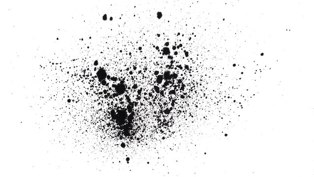 Black ink splashes and drops isolated on white background. Black ink splatter pattern, black watercolor splash, black ink stains, spots, dots.