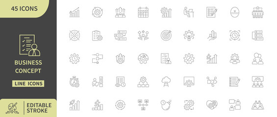 Business concept line icons set includes analytics, teamwork, growth, planning, and communication symbols