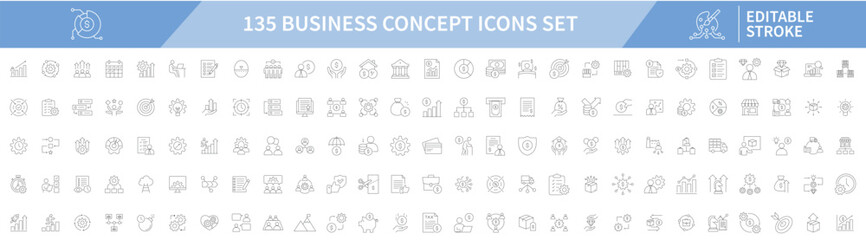 Business concept icons set editable stroke outline style finance marketing teamwork innovation planning success