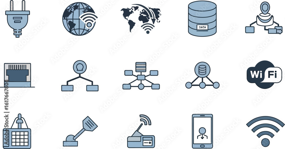 Poster a collection of technology and network icons including wifi, servers, and world connection