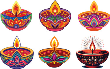 Collection of colorful decorative Diya's lit for Diwali festival celebration