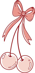 Cartoon Cherries with Bow Illustration on Transparent Background