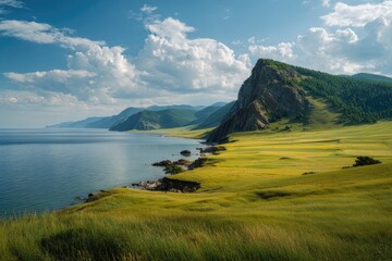 Scenic lake shore landscape under a partly cloudy sky