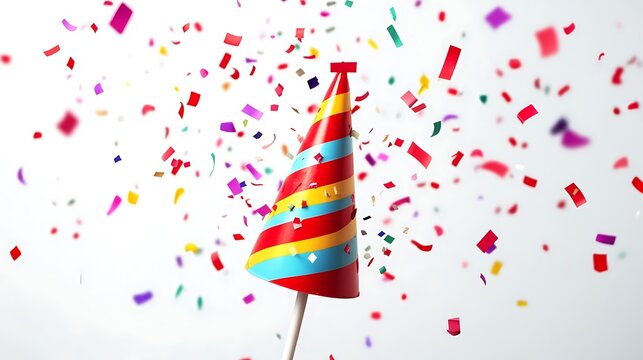 3D cartoon party popper with birthday confetti explosion minimal design on white background