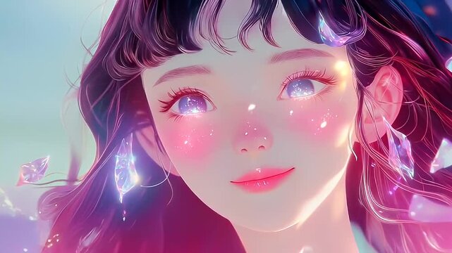 Digital illustration of a young woman with pink cheeks and sparkly accessories.