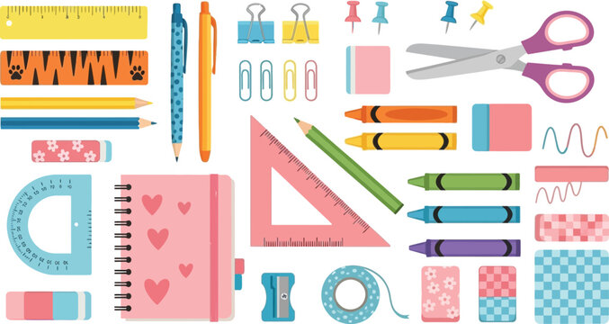 A colorful collection of school and art supplies including pencils, crayons, scissors, and a notebook