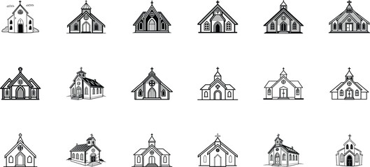 Collection of diverse church building silhouettes silhouette
