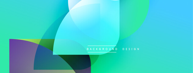 Abstract shapes overlap, creating vibrant gradients. Turquoise, purple, blue hues dominate composition. Modern design element.