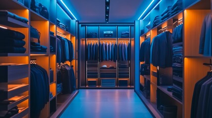 Modern wardrobe interior design featuring stylish clothing. The vibrant blue and orange lights create a unique atmosphere. A perfect blend of aesthetics and functionality. Generative AI