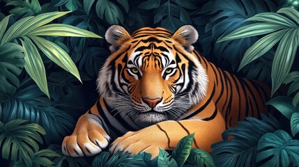 Majestic tiger rests amidst lush tropical foliage, intense gaze captivating
