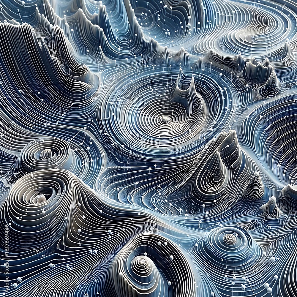 Poster mesmerizing abstract topography with swirling lines and glowing particles evokes scientific discover