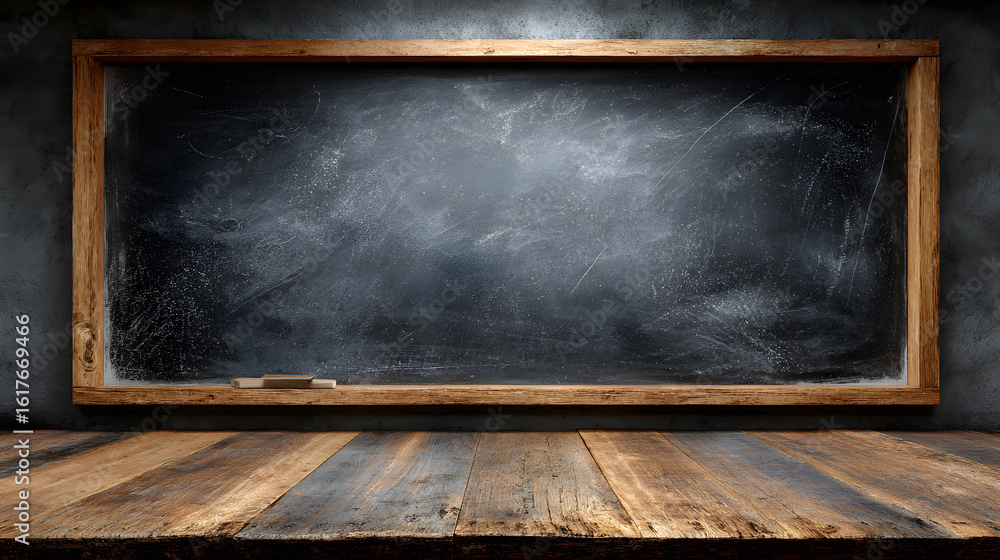 Poster empty blackboard with chalk smudges and textured surface for education or presentation use.