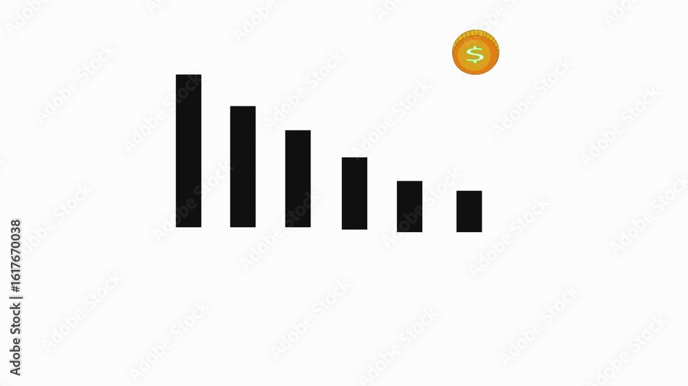 Poster dynamic animation of financial downturn with falling bars and dollar coin icon. financial loss illus