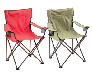 Two folding camping chairs, one red, one olive-green,  are positioned side-by-side, showcasing their compact design