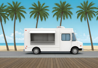 Empty white food truck parked on a boardwalk by the ocean with palm trees. Ideal for advertising food truck businesses or highlighting a blank canvas for branding.