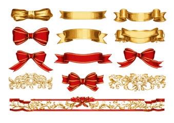 Gold and red ribbons, bows, and decorative elements