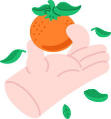 Cute vector illustration of a hand holding a tangerine with green leaves