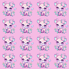 Adorable repeating pattern of a cute kawaii baby deer with flowers on a whimsical pink background, a sweet cartoon illustration.