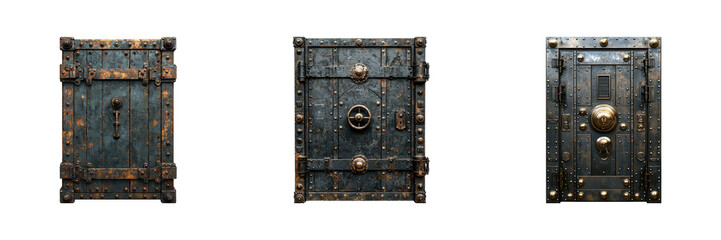 Fototapeta premium Three Vintage Metal Vault Doors. Security And Protection In Industrial Design Isolated On Transparent Background