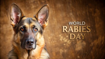 Photo of a german shepherd dogs portrait with the text world rabies day emphasizing animal health awareness