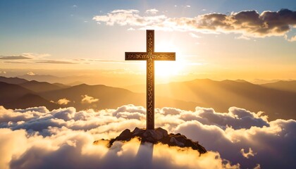 Golden cross atop mountain clouds at sunrise