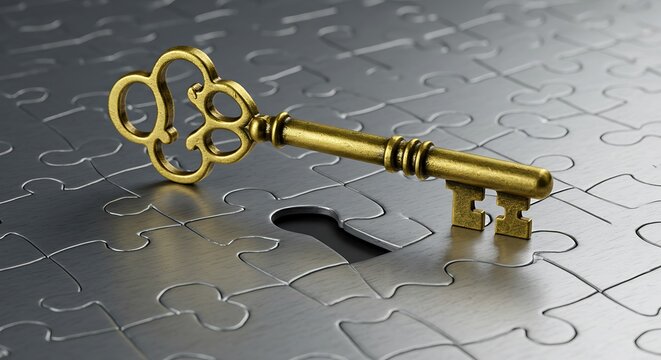 Antique skeleton key resting on a puzzle piece isolated on white background