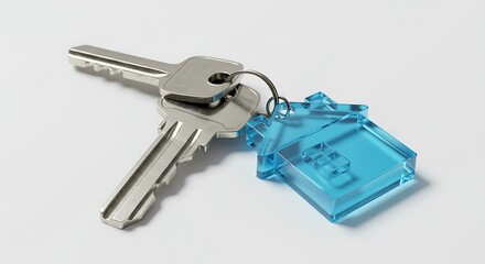 Silver keys with blue house keychain isolated on white background