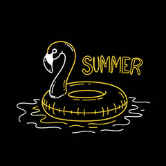Naklejka premium A neon-style illustration of a flamingo pool float in water, with the word 