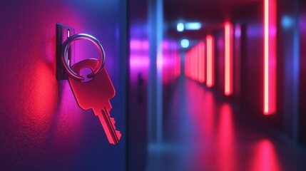A mysterious key hangs in a vibrant corridor. Neon lights illuminate the path ahead. What secrets lie behind the doors. Generative AI