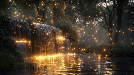 Waterfall in a mystical forest at night