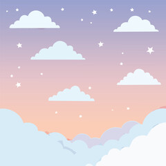 Pastel fantasy sky with fluffy white clouds and stars. Dreamy twilight background for children's design.