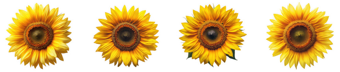 Fototapeta premium Four vibrant sunflowers in full bloom present a cheerful and sunny disposition on a white backdrop isolated on transparent background
