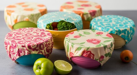 A cheerful and bright shot of colorful beeswax food wraps, a sustainable kitchen alternative.