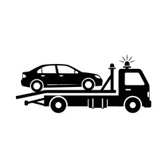 Naklejka premium Vector art of a tow truck is carrying a broken down car for repair and providing roadside assistance
