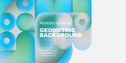 Abstract geometric background features overlapping shapes, vibrant colors, text, button. Modern design, clean aesthetic, suitable for presentations.