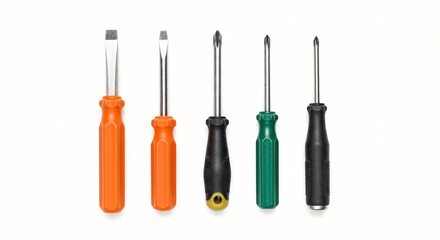 Flat Lay of Orange, Green, and Black Screwdrivers in a Row with Clear Tool Shapes