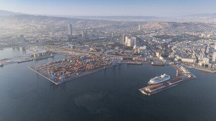 A magnificent morning view of Alsancak, izmir. Good morning izmir, Turkey. Aerial shot.