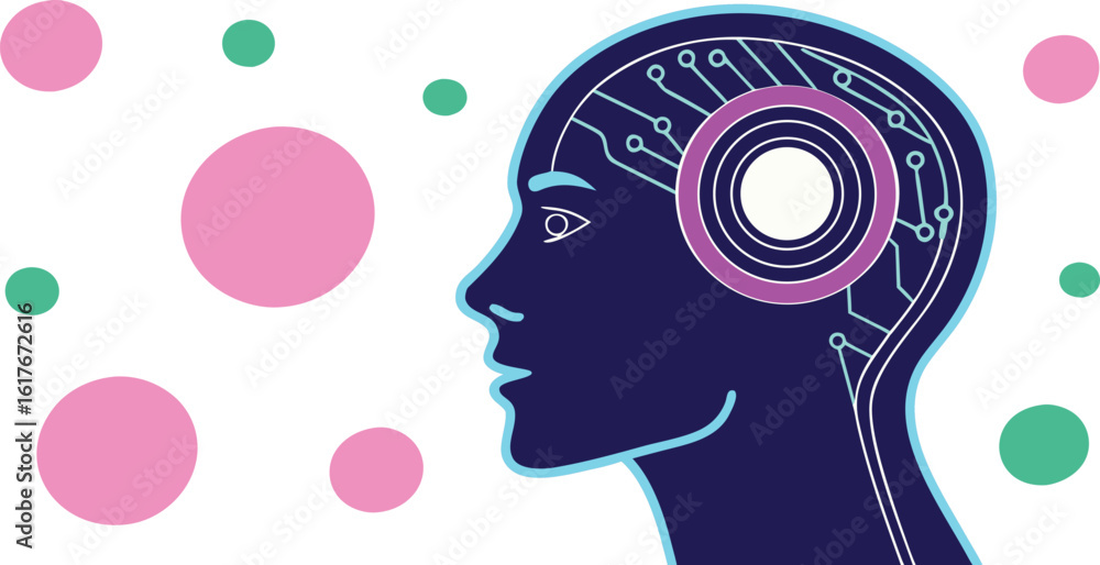 Poster artificial intelligence head with circuit board on transparent background