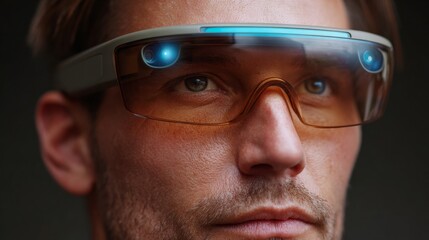 Visionary Gaze: A close-up shot showcases the future of technology, highlighting a person with a stylish augmented reality headset. Its modern design hints at innovation and exploration.