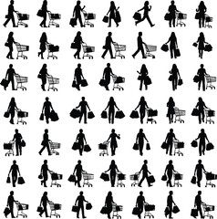 Seamless pattern of walking women with shopping carts, stylish black silhouettes, modern retail illustration, minimalistic vector background for commercial, fashion and lifestyle design