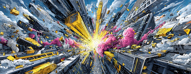 glitch data visuals Futuristic cityscape with vibrant explosion effect. tech abstract art, corrupted compression design