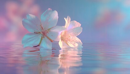 Pastel blossoms float on calm water, reflecting dreamy light; spring serenity, ideal for spa, wellness