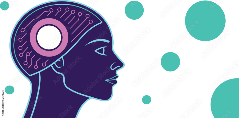 Poster artificial intelligence head with circuitry on transparent background